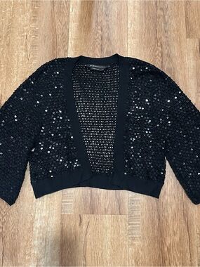 BCBGMaxAzria 100% Silk Black Sequin Cropped Cardigan